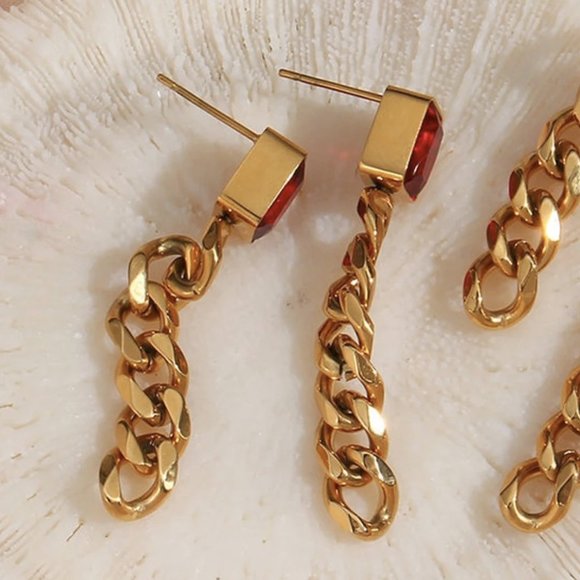 Red Zircon Gold Chain Drop Earrings Jewelry Hypoallergenic - Picture 4 of 5